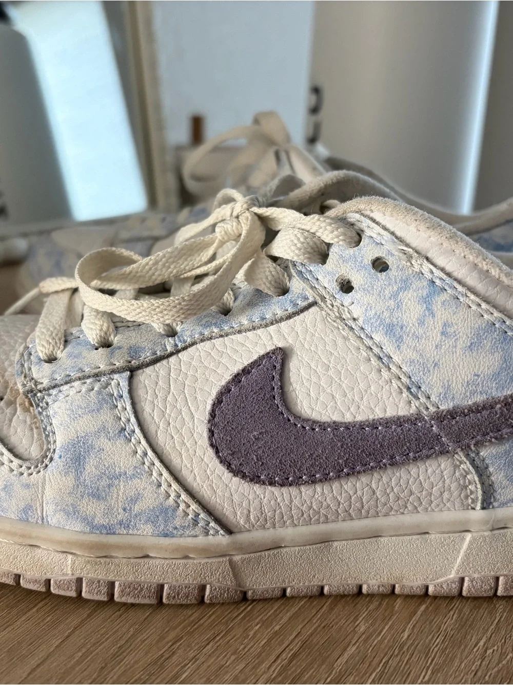 Nike Kids White Nike Dunk with Light Blue Tie-Dye and Purple Swoosh